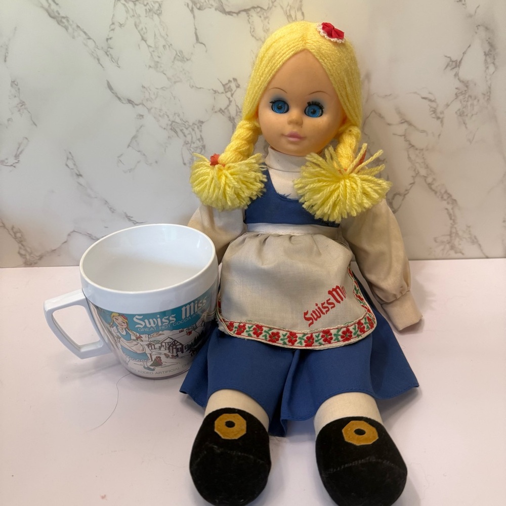 Vintage Swiss Miss Doll 14” w/ThermoServ Swiss Miss mug collectible advertising